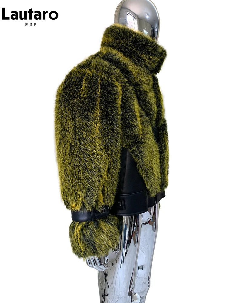 Lautaro Winter Cool Thick Warm Color Block Faux Fur Coat Men Stand Collar Luxury Zip Up Fluffy Jacket Runway European Fashion