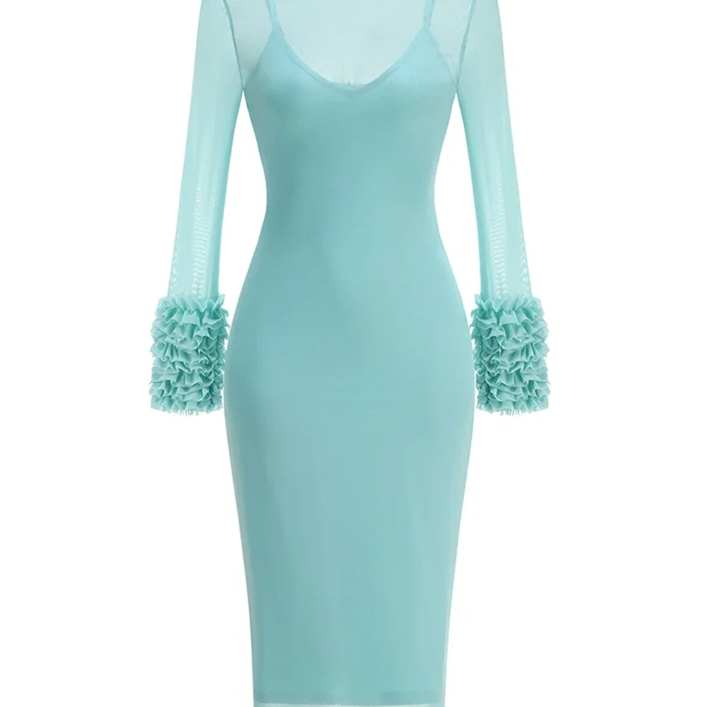 Sexy Turtleneck Ruffle-Cuff Mesh Tight Long Dress Women Long Sleeves Ruffles Bodycon Midi Dresses Evening Party Cocktail Club