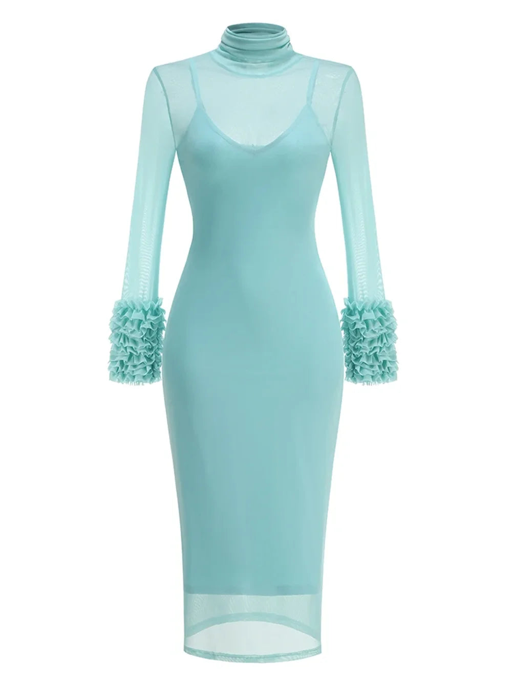 Sexy Turtleneck Ruffle-Cuff Mesh Tight Long Dress Women Long Sleeves Ruffles Bodycon Midi Dresses Evening Party Cocktail Club