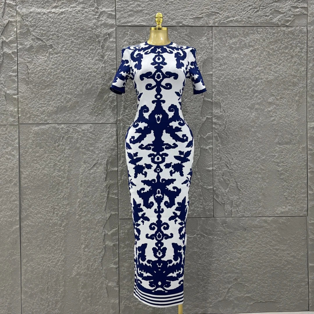 Top Quality Women Short Sleeve Sexy Blue Jacquard Bodycon Long Bandage Dress Elegant Evening Party Occation Office Wear Blue