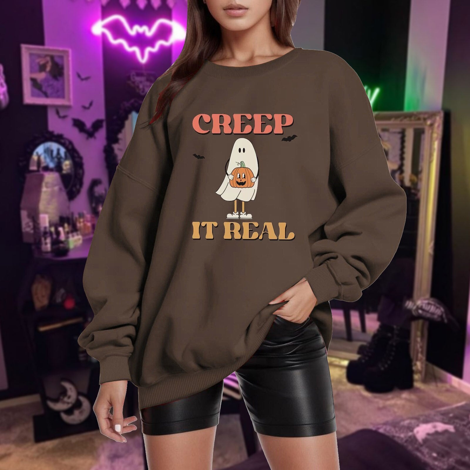 Womens Casual Loose Solid Halloween Pumpkin Print Off Shoulder Sleeves Hatless Sweater Fall Outfit Brown