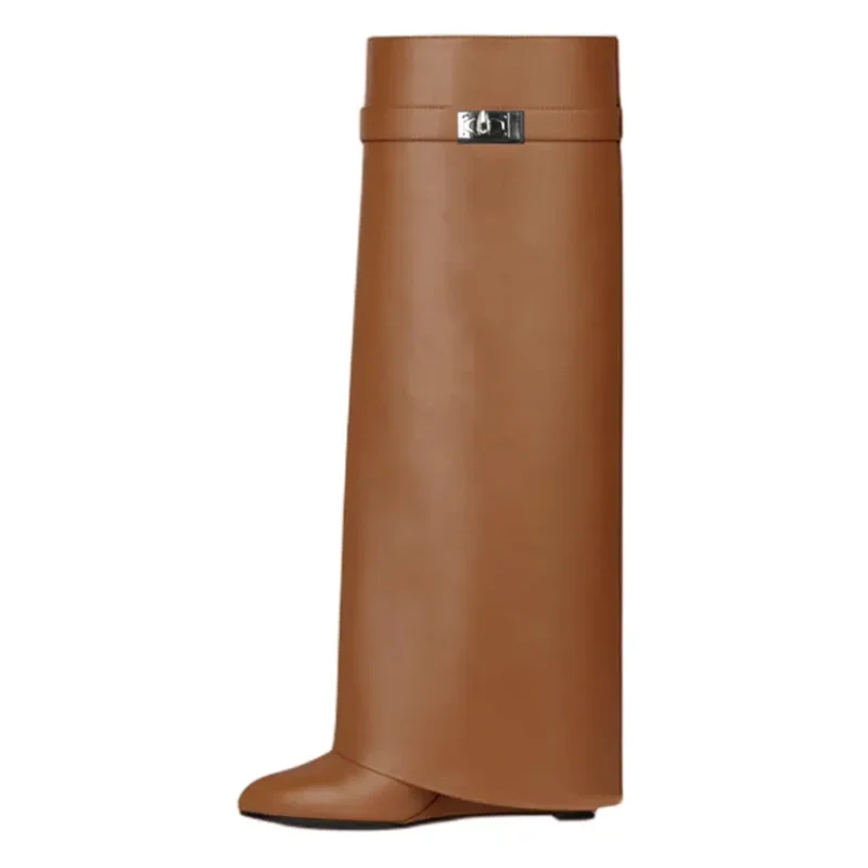 Shark Lock Women Boots Brand Design Genuine Leather Slip-on Knee High Boots For Woman Motorcycle Botas Mujer Fashion Wedge Shoes brown