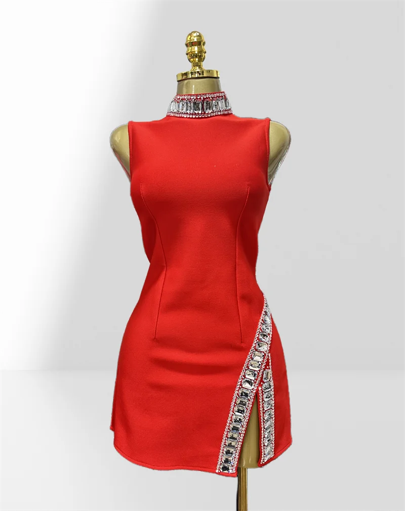 New Summer Super shining Diamonds O-neck Sleeveless Bandage Mini Dress Fashion Woman Birthday Party Dress Music Festival Outfit Red