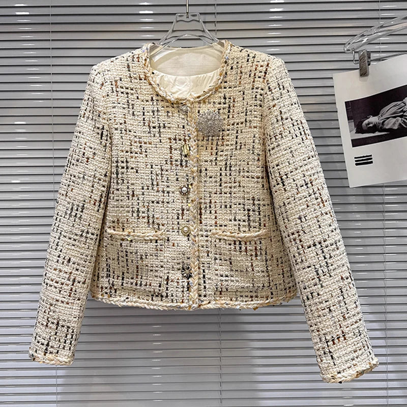 Winter New Fashion Rhinestone Brooch Knitted Tweed Cotton Jacket For Women Elegant Short Coat Female Trendy 11A07869 creamy-white