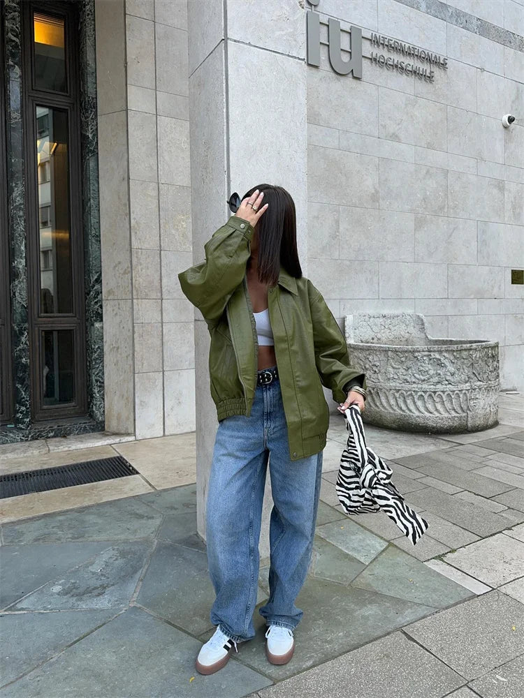 Green PU Leather Jacket Women Retro Laple Zipper Loose Full Sleeve Oversized Coat Female 2025 New Fashion Lady Solid Streetwear