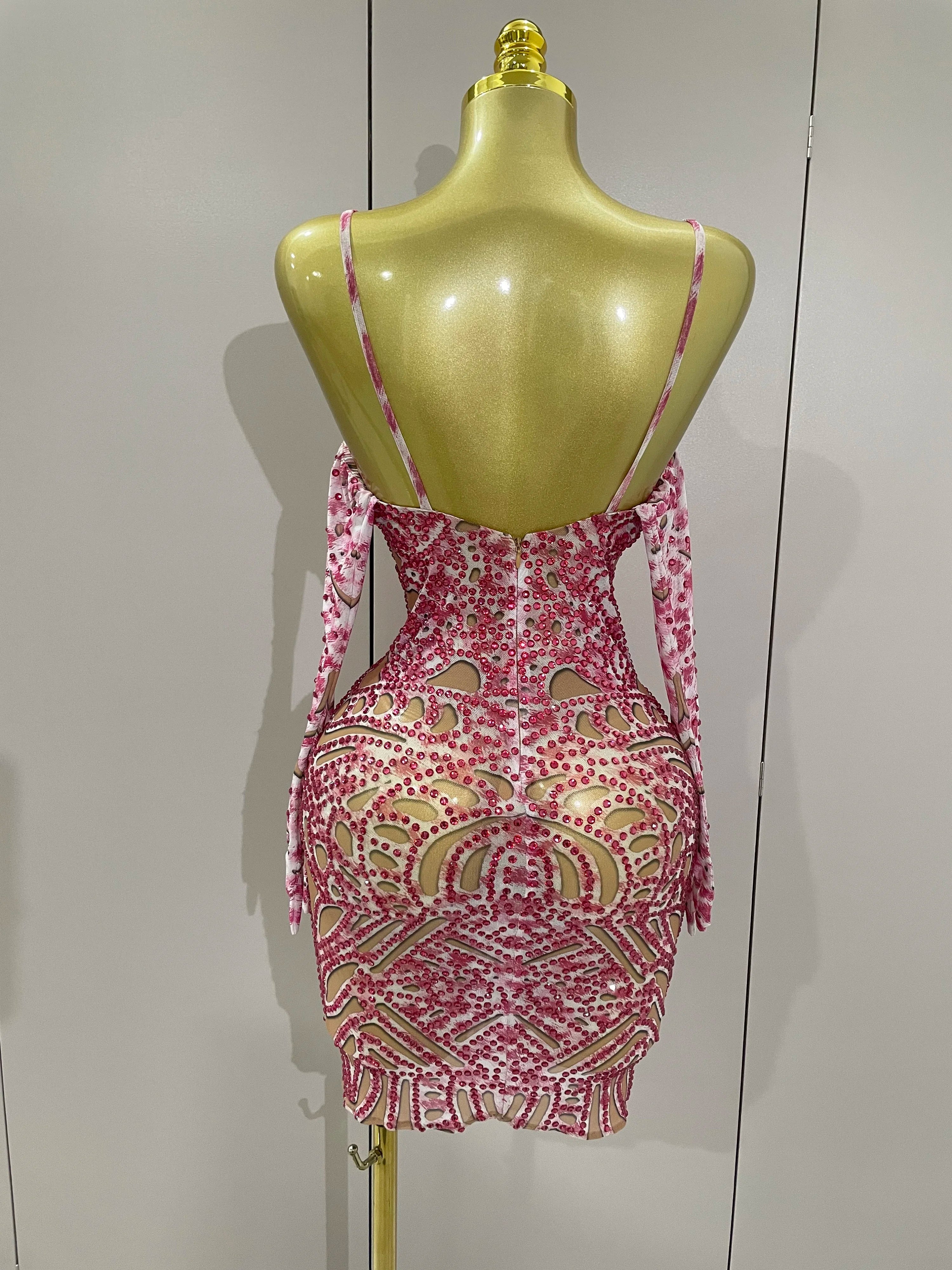 2025 New Sexy Sparkly Rhinestones Mesh Mini Dress With GlovesWomen Evening Birthday Party Celebrate Costume Dancer Stage Wear