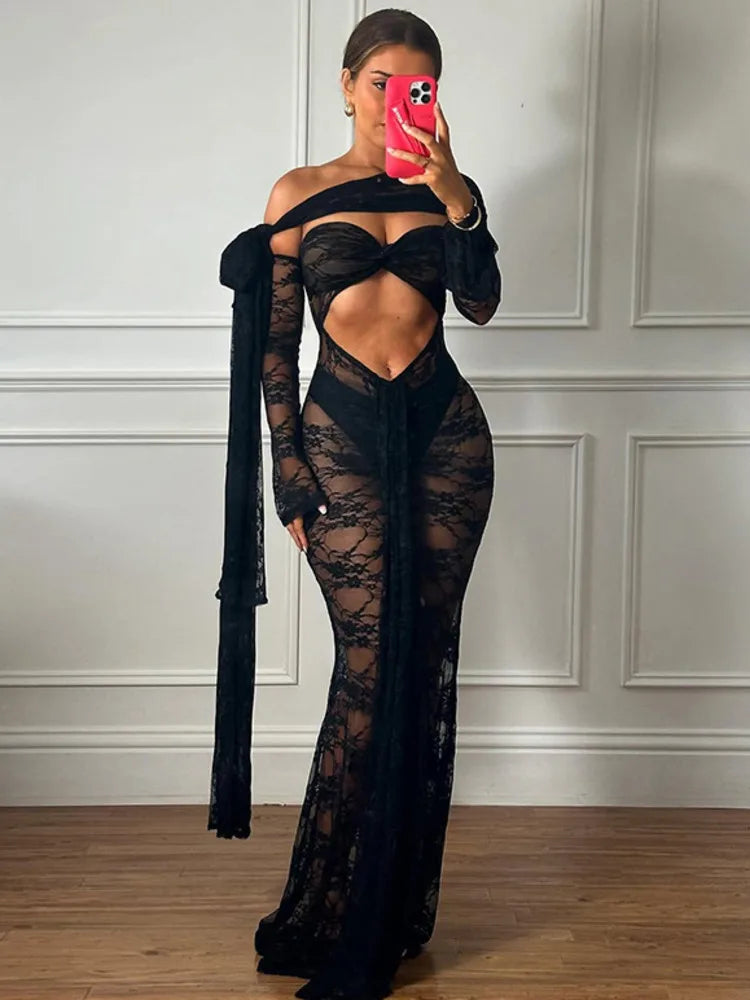 Lace See Through Strapless Sexy Maxi Dress For Women Gown Halter Hollow Out Sleeveless Backless High Split Long Dress Black