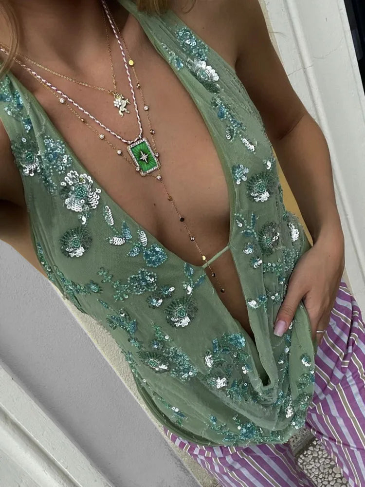 Mozision Glitter Deep V Neck Sexy Tank Tops Women Vest Pullovers Summer New Sparkle Backless Cropped Tops Elegant Beach Tops