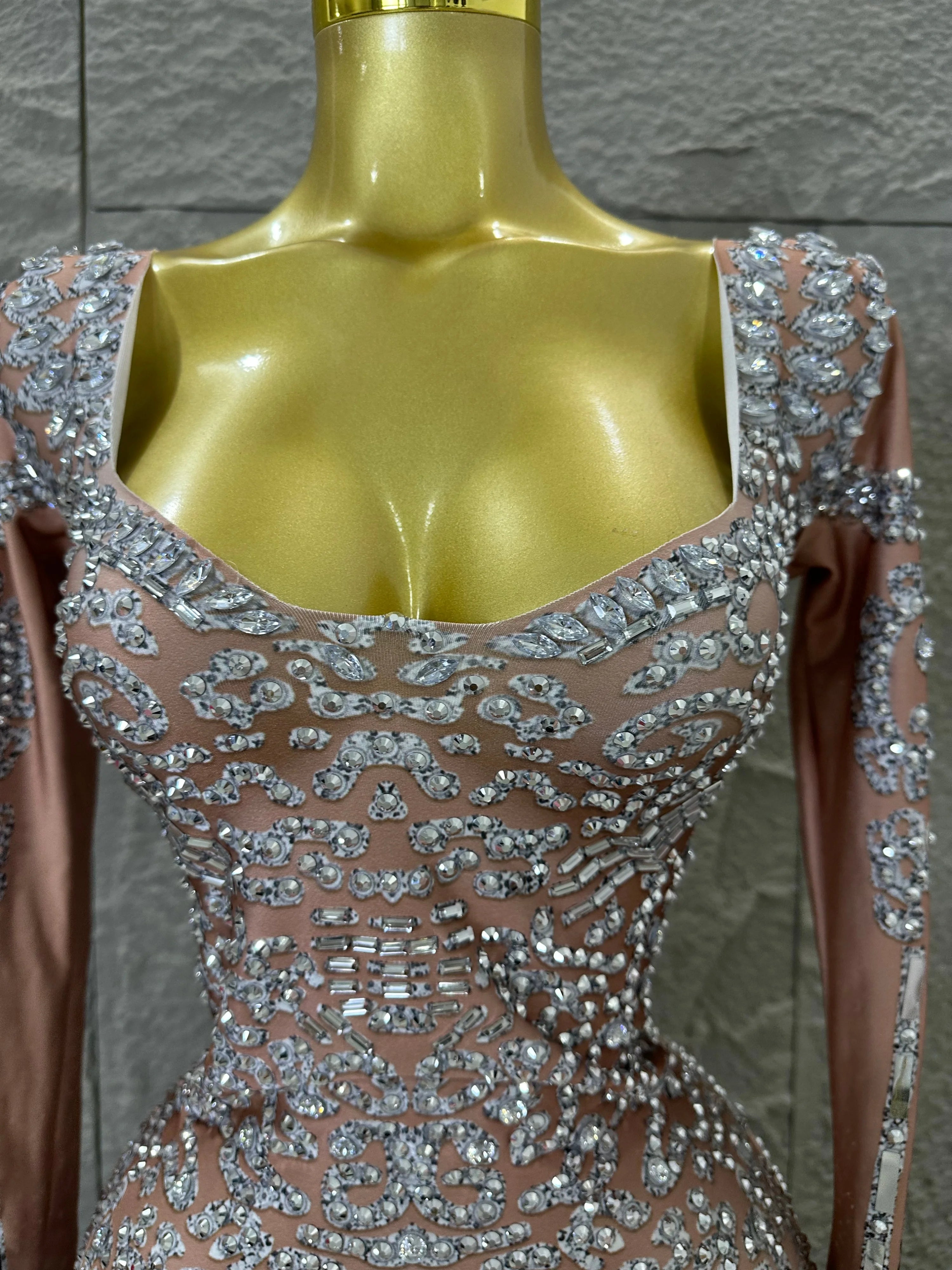 Silver Sheer Mesh Jumpsuit Women Sexy Sweetheart Neck Long Sleeve Full Crystal Skinny Outfit Stage Performance Costume