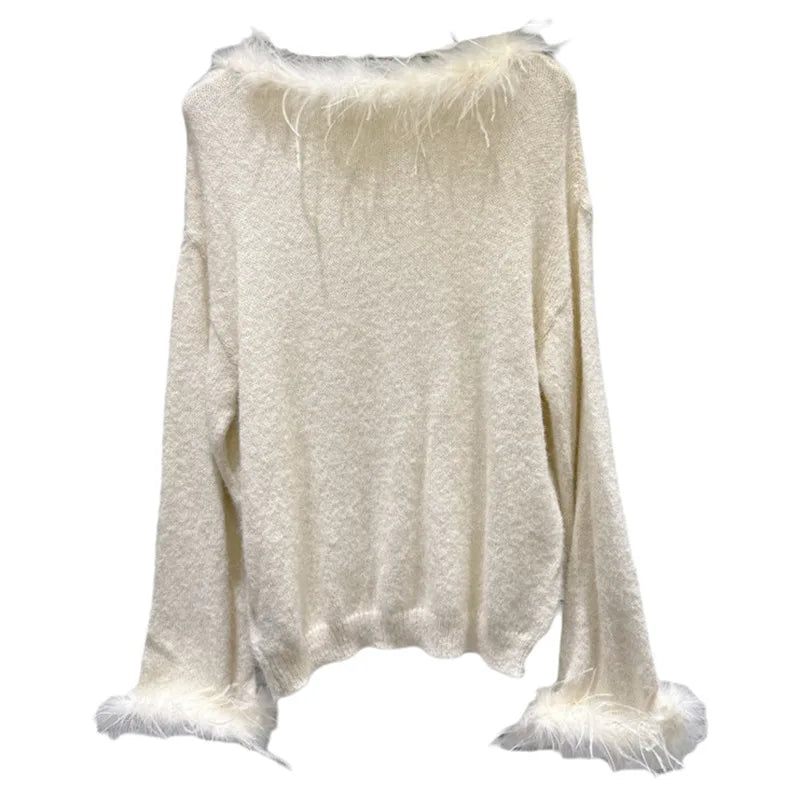 Winter Fashion Feather Trim Loose Elastic Knit Sweater For Women Solid Color Versatile Pullover 11A07673