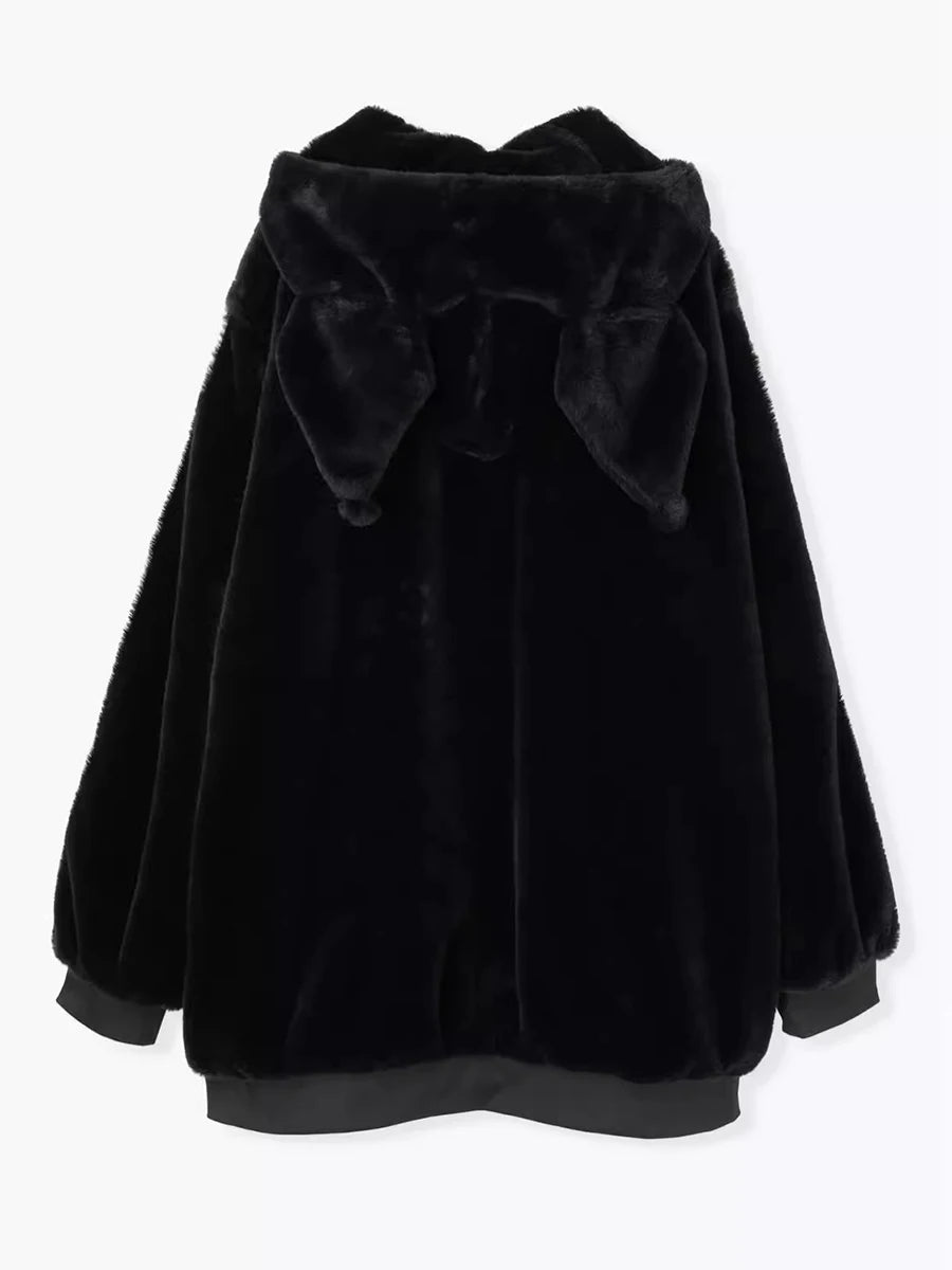 Lautaro Winter Oversized Sweet Cute Soft Black Faux Fur Coat Women with Bunny Ears Kawaii Loose Fluffy Jacket Hoodie Streetwear