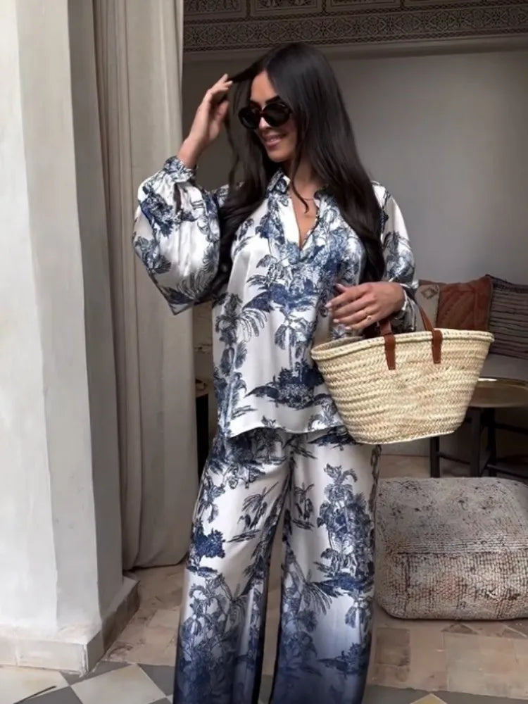 Elegant Satin Blue Print Pants 2 Piece Sets Women Fashion lantern Sleeves Shirt Wide Leg Pant Suits Loose Causal Streetwear