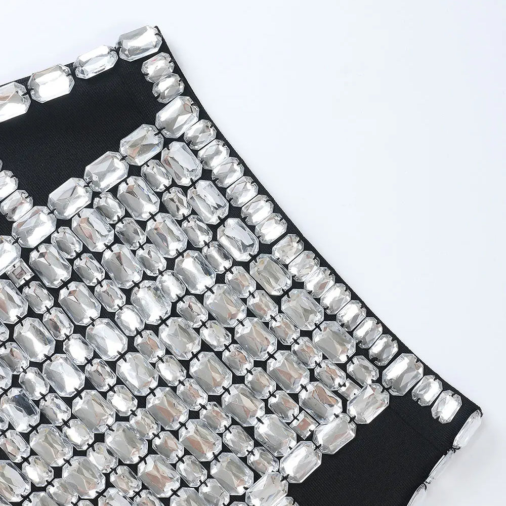 2025 Women Light Luxury Nail Bead Short Skirt Sets With Hanging Neck Style Sleeveless Ultra Short Top + Mini Skirt Two-Piece Set