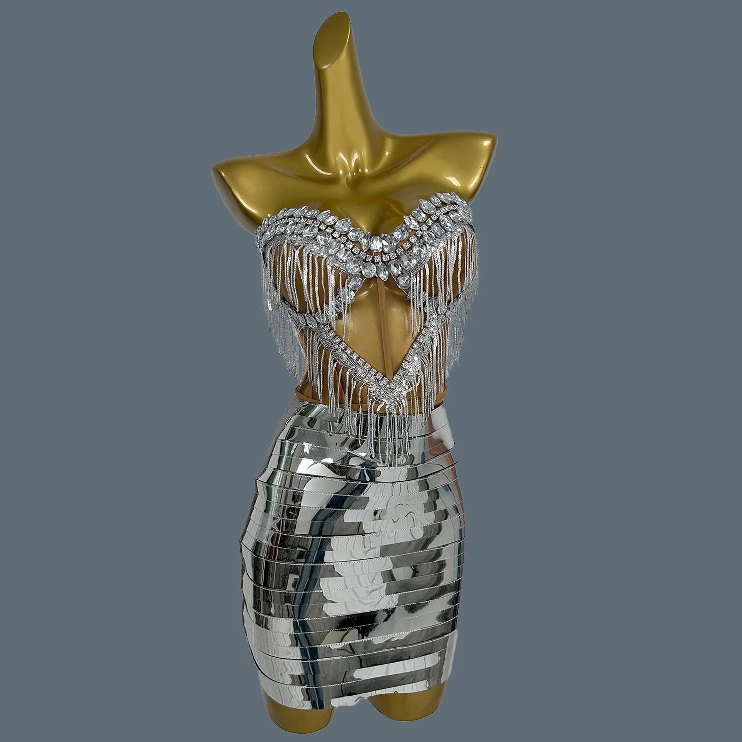 Spark Silver Rhinstones Fringes Top Skirt Set Women Sexy Strapless Designer 2-Pieces Dress Nightclub Party Stage Outfit Shengnv Silver One Size