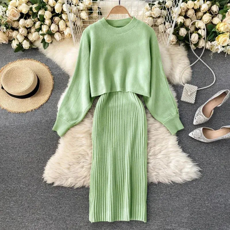 Women Sweater Midi Dress Set Casual Pullovers Suits Autumn Winter O-neck Long Sleeve Knitted Solid Slim Elegance Tops Elastic Green