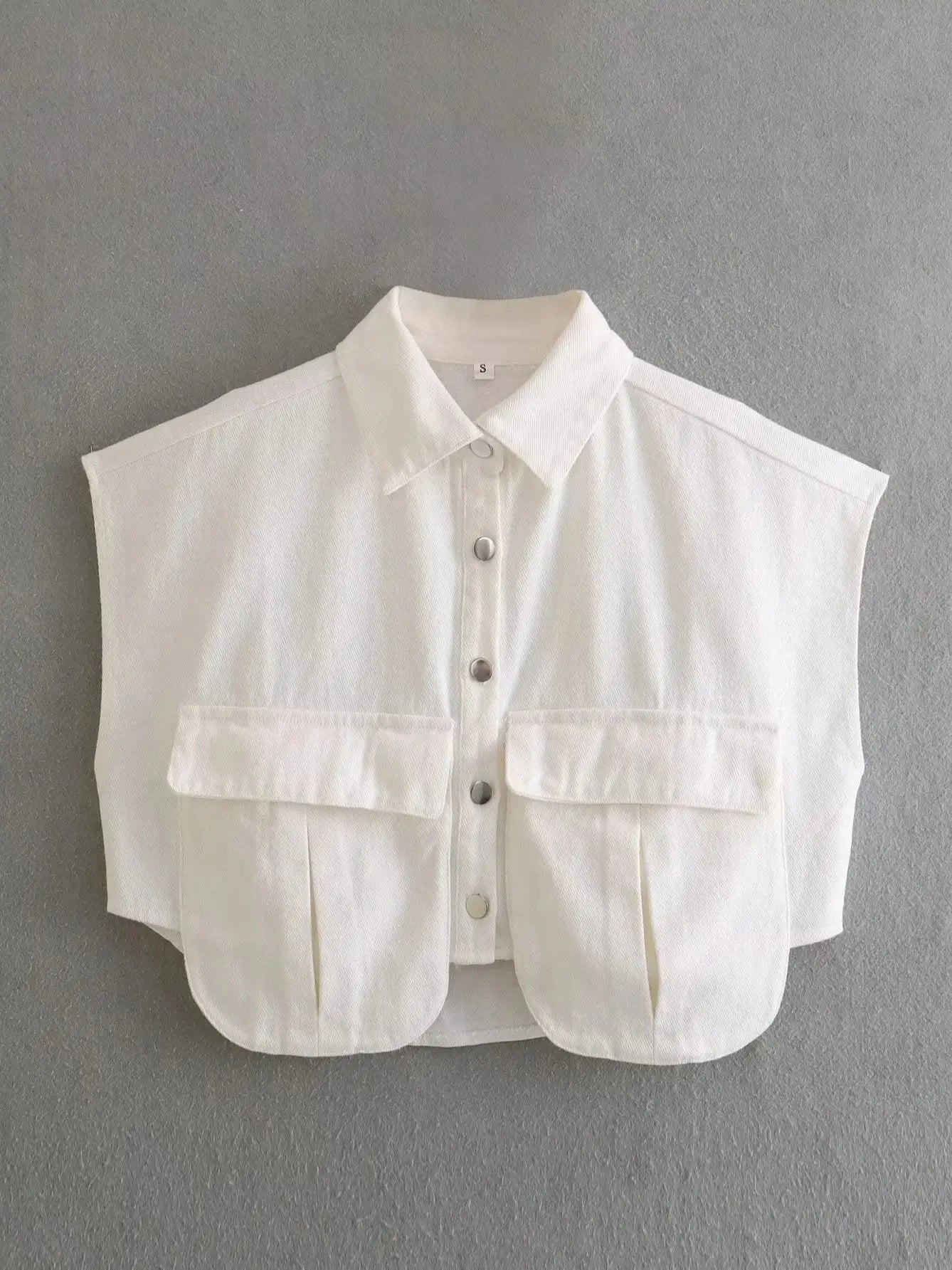 XNWMNZ Women Fashion Pockets Cropped Denim Shirts Sexy Sleeveless Button-up Female Blouses Blusas Chic Top WHITE