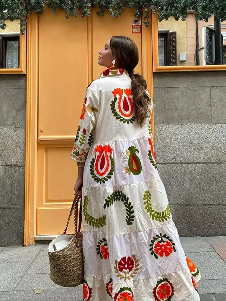 Vintage Flower Print Single Breasted Long Dress Women Elegant Lapel Half Sleeves Loose Hem Dresses Female Vocation Vestidos