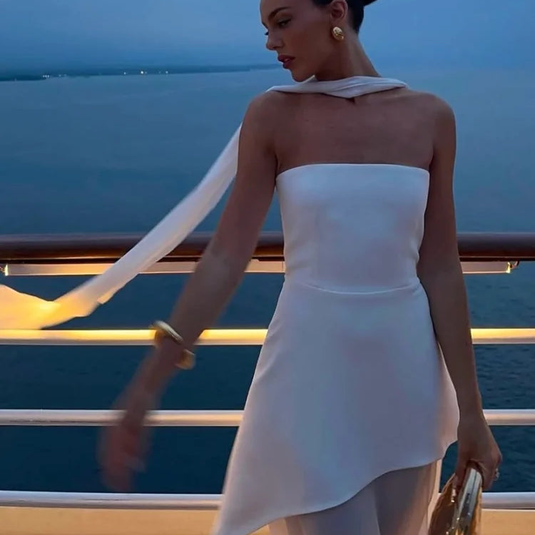 Elegant Off Shoulder Irregular Hem With Scarf Women Fashion Sleeveless Backless Slim Fit Long Dress 2025 New Summer Party Robes