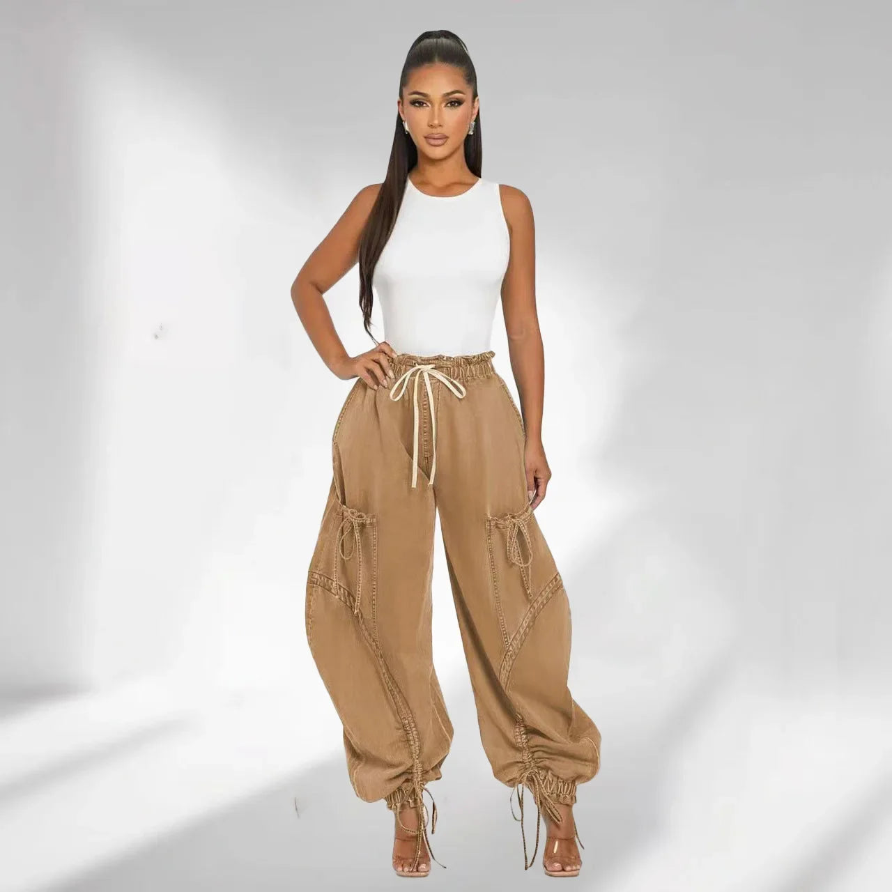 Women Streetwear Drawstring Fashion Fly Denim Pants 2024 Autumn Loose Safari Style Cargo Harem Hip Hop Jeans Khaki