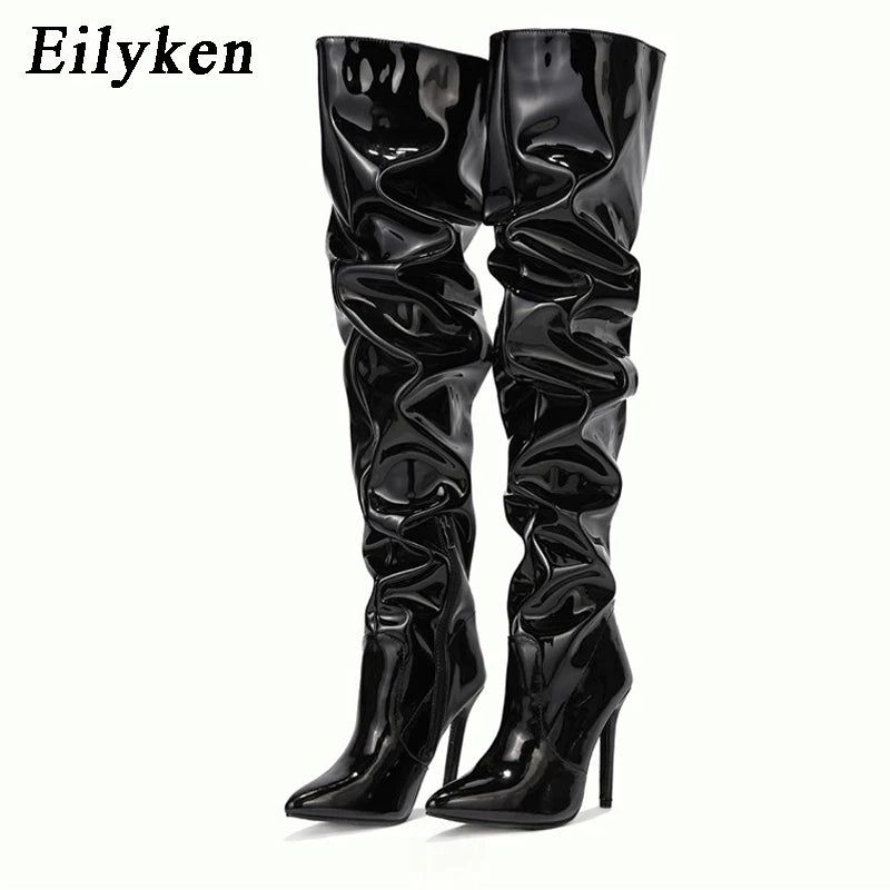 Eilyken Red Women Over The Knee Boots High Heels Patent Leather Solid Pointed Toe Stiletto Side Zipper Sapatos Femininos Black
