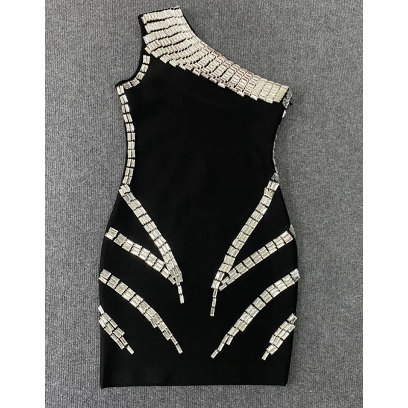 Sparkling Diamonds One Shoulder Black Mini Bandage Dress Fashion Woman Eveninbg Celebrity Birthday Party Outfit