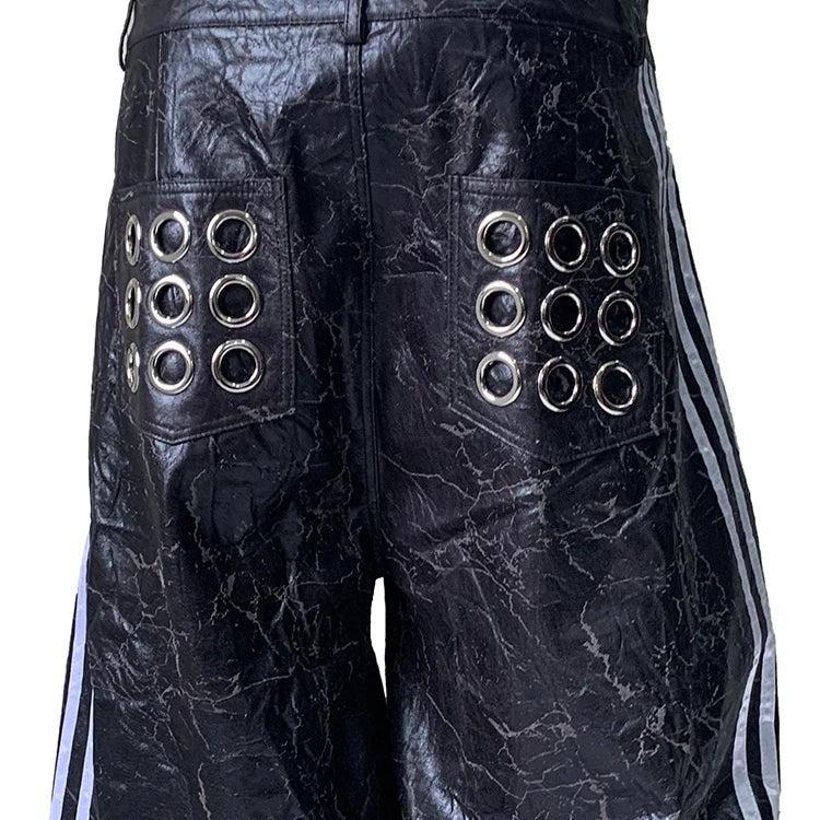 Lautaro Autumn Long Black Faux Leather Wide Leg Pants for Mens with Side Stripes Holes Luxury Emo Streetwear European Fashion