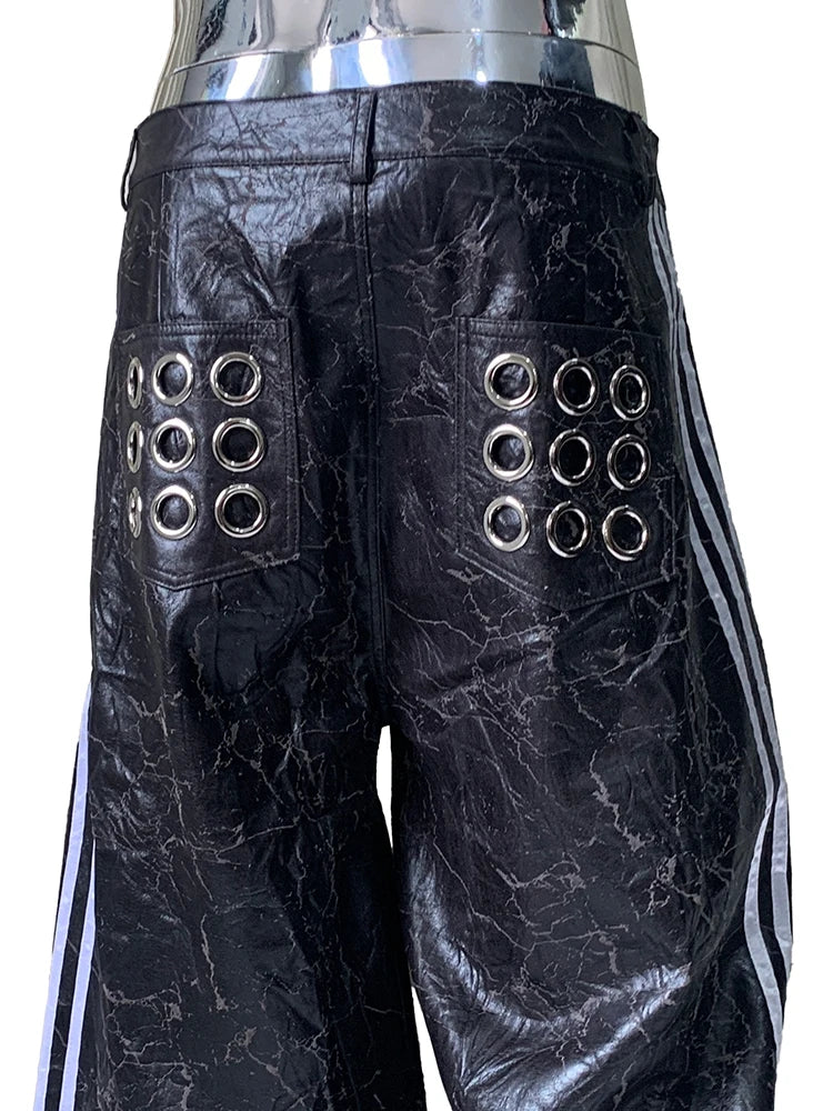 Lautaro Autumn Long Black Faux Leather Wide Leg Pants for Mens with Side Stripes Holes Luxury Emo Streetwear European Fashion