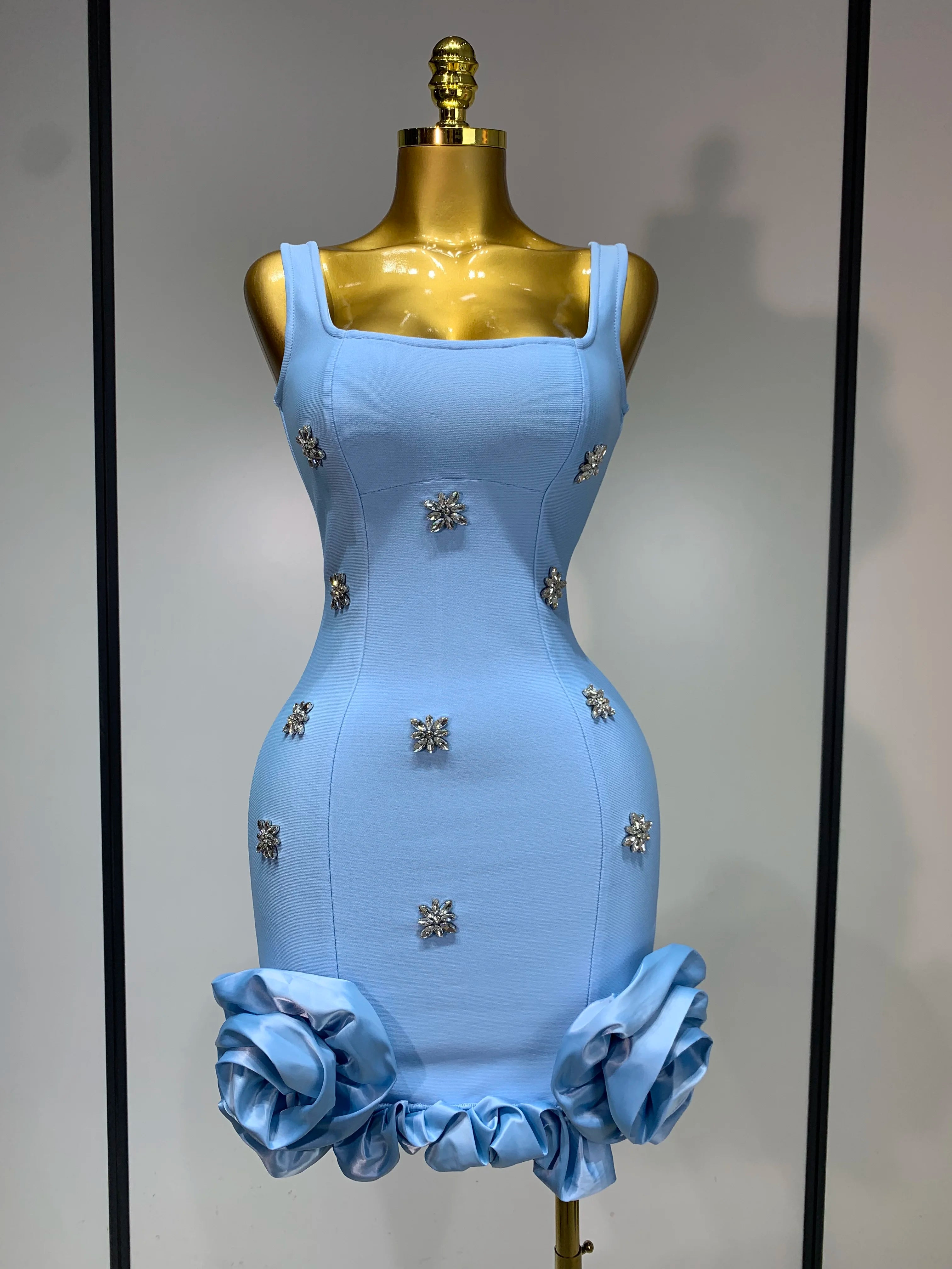 Women Sexy Square Collar Sparkly Rhinestone Bodycon Mini Bandage Dress Celebrate Evening Party Elegant Luxury Birthday Dress SKY BLUE
