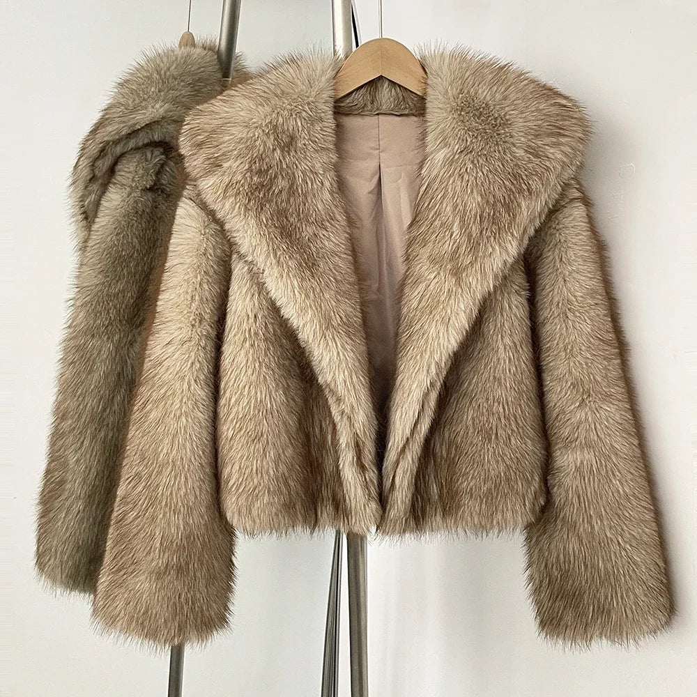 OFTBUY Women's Fur Coat and Eco Fur Coat for Women New in Faux Fur Jacket Female High Quality Women's Clothing Jacket with Fur Gray brown two-tone