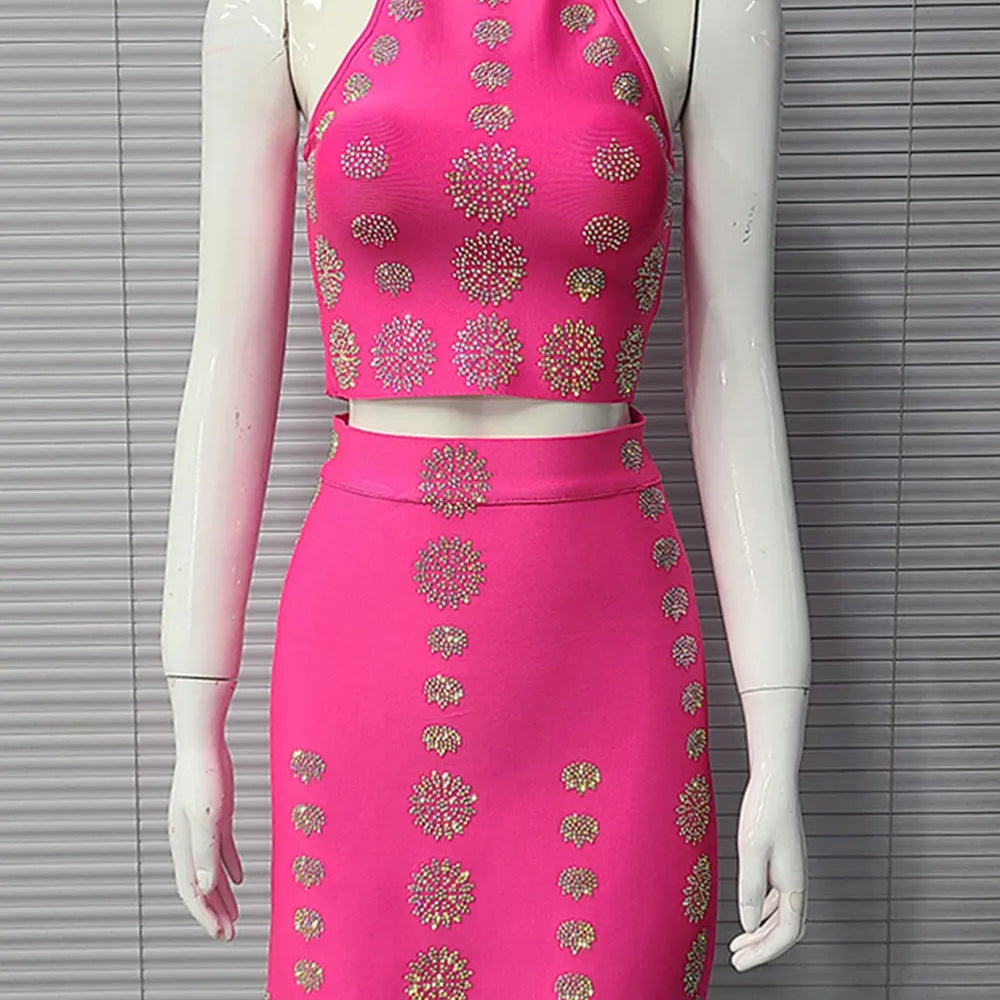 2025 Sexy Women's Hot Diamond Top+Bandage Short Skirt Sets O-neck Sleeveless Short Tank Top+High Waist Short Skirt Two Piece Set