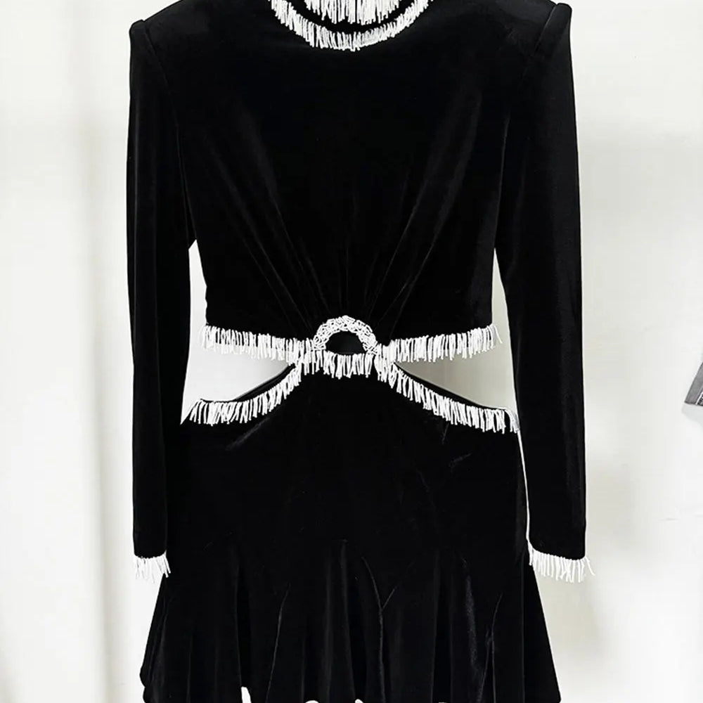 2025 Sexy Women's Open Waist Tassel Velvet Dress Stand Collar Long Sleeve Slimming Mini Dress Celebrity Evening Party Vestidos black