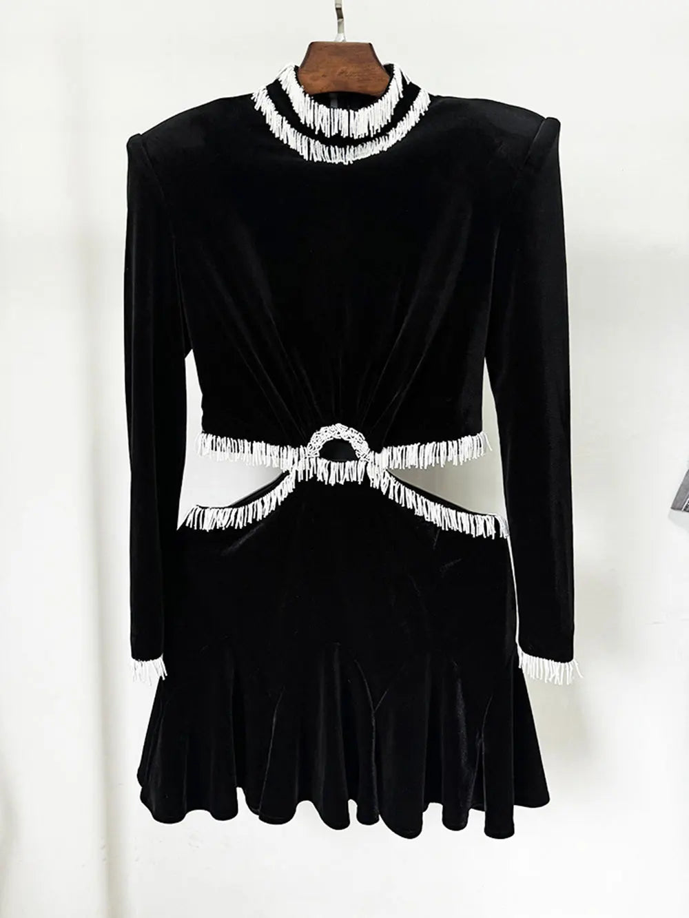 2025 Sexy Women's Open Waist Tassel Velvet Dress Stand Collar Long Sleeve Slimming Mini Dress Celebrity Evening Party Vestidos black