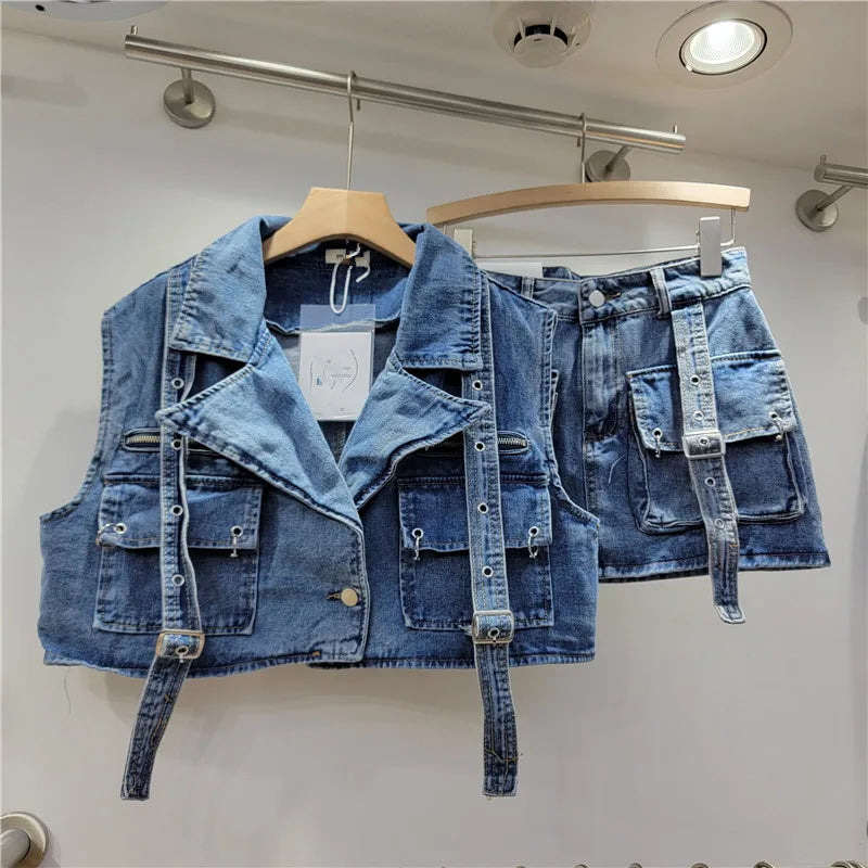 Retro Pink Large Pocket Denim Suit Spring Summer Sleeveless Short Vest High Waist Hip Wrapped Skirt 2 Pieces Sets Women Outfits Blue