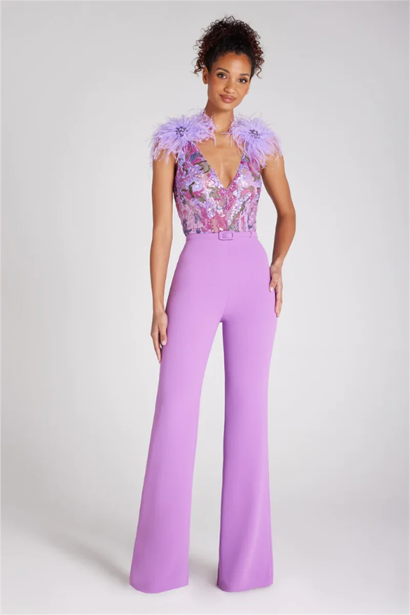 Gorgeous Feathers Shining Sequins Sexy V-Neck Sleeveless Violet Jumpsuit Graceful Woman Evening Party Outfit Lavender