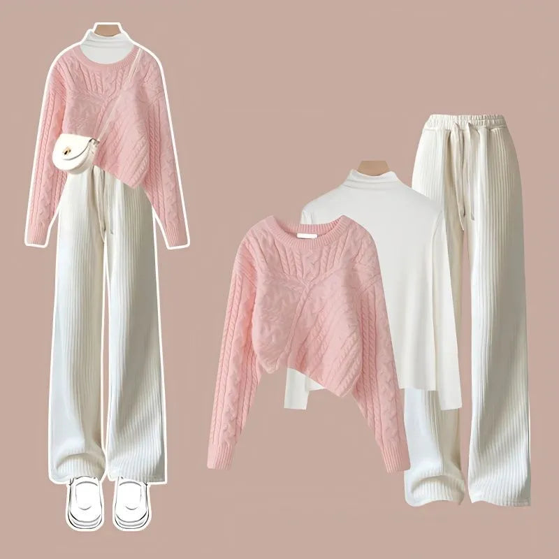 Women's Autumn Winter Suit 2024 New Fashion Knitted Sweater Undershirt Casual Pants 3 Piece Korean Elegant Trousers Matching Set Set 01