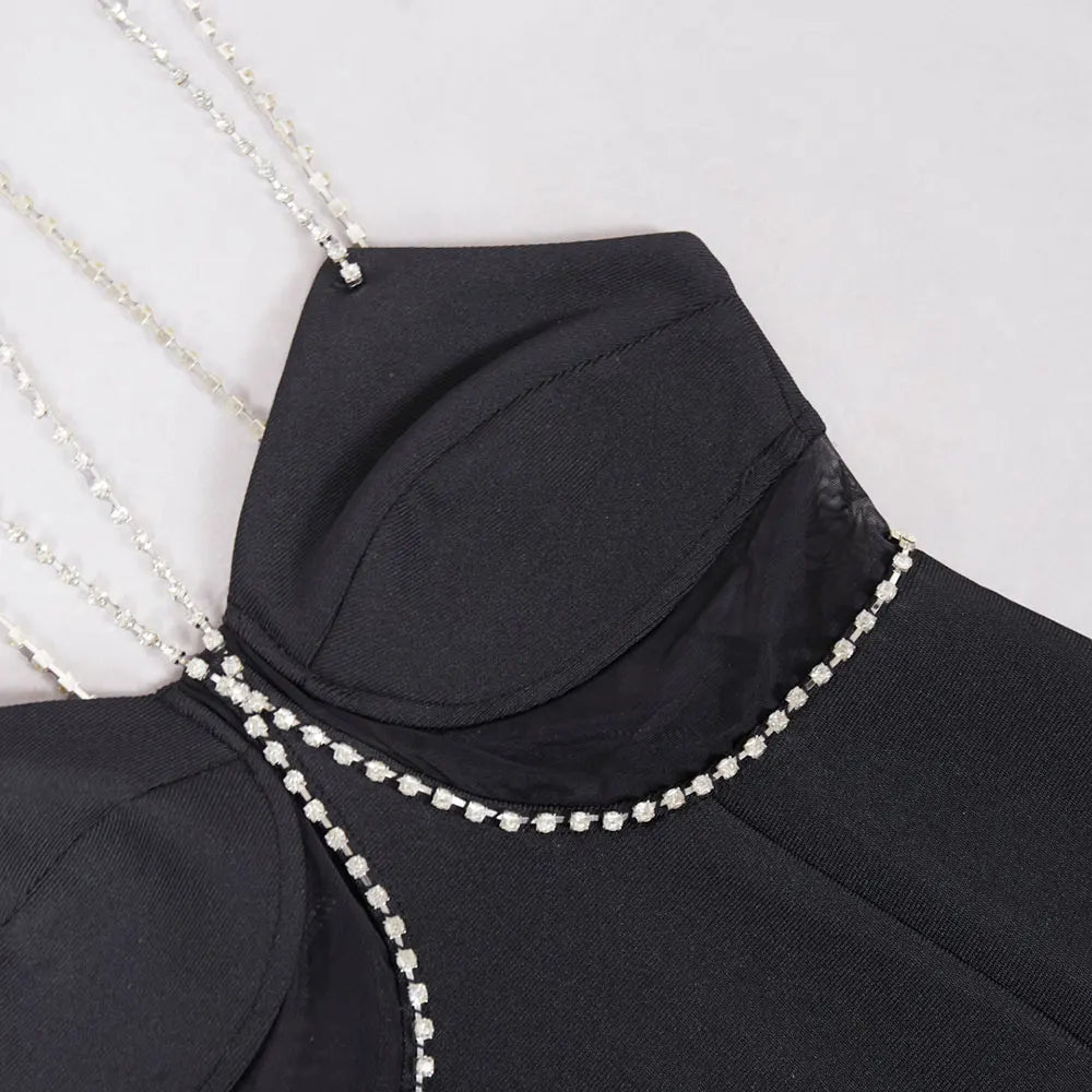 2025 Spring Women's Water Diamond Chain Strap Sleeveless Bandage Dress Patchwork Bodycon Long Dress Evening Club Party Vestidos