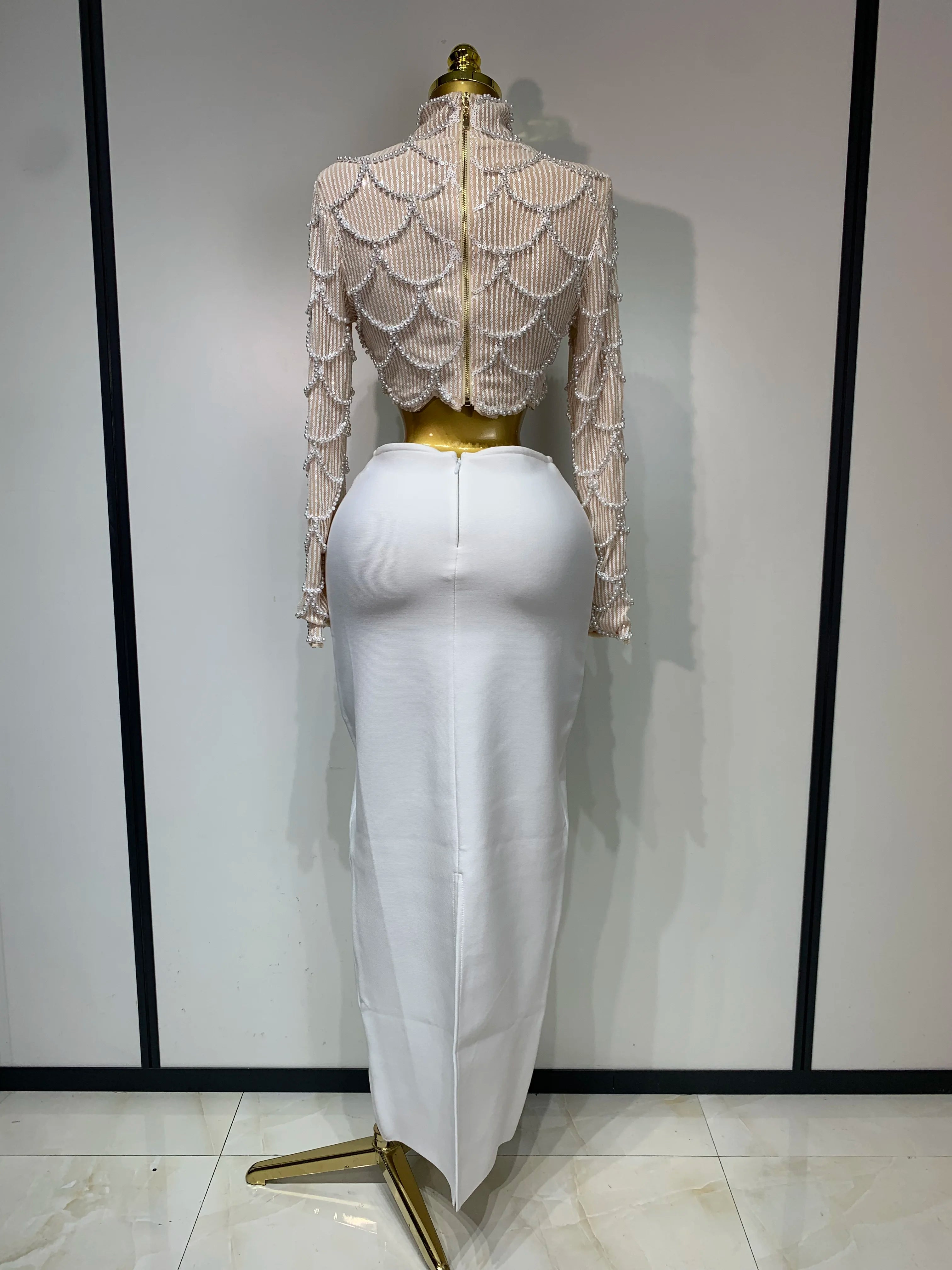 Women Long Sleeve Sexy Beading Tops Two Pieces Set Bodycon Long Bandage Dress Luxury Birthday Evening Party Wedding Guest Gowns