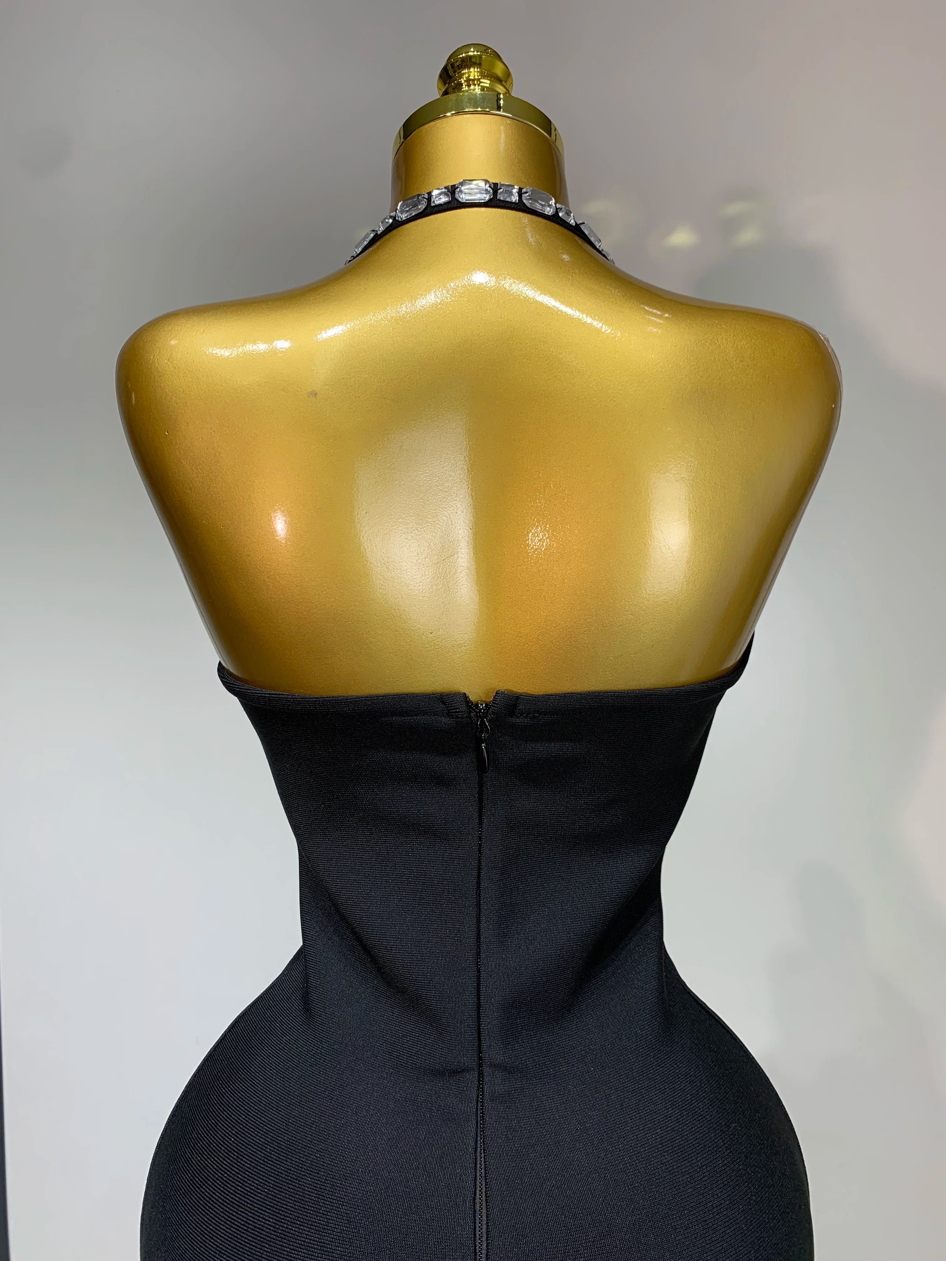 Women Sexy Halter Backless Diamonds Black Sleeveless Bodycon Bandage Dress Evening Club Party Gowns Luxury Birthday Dress