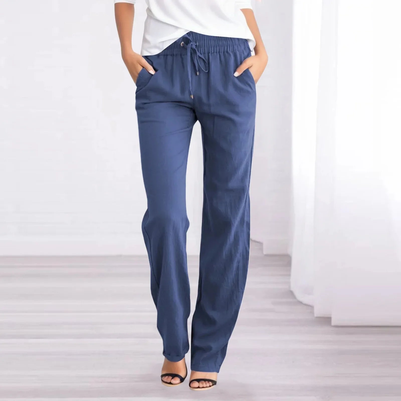 Solid Casual Straight Pants Elastic Waist Drawstring Long Pants Loose Daily Versatile Women Pants Retro Women Casual Trousers Blue