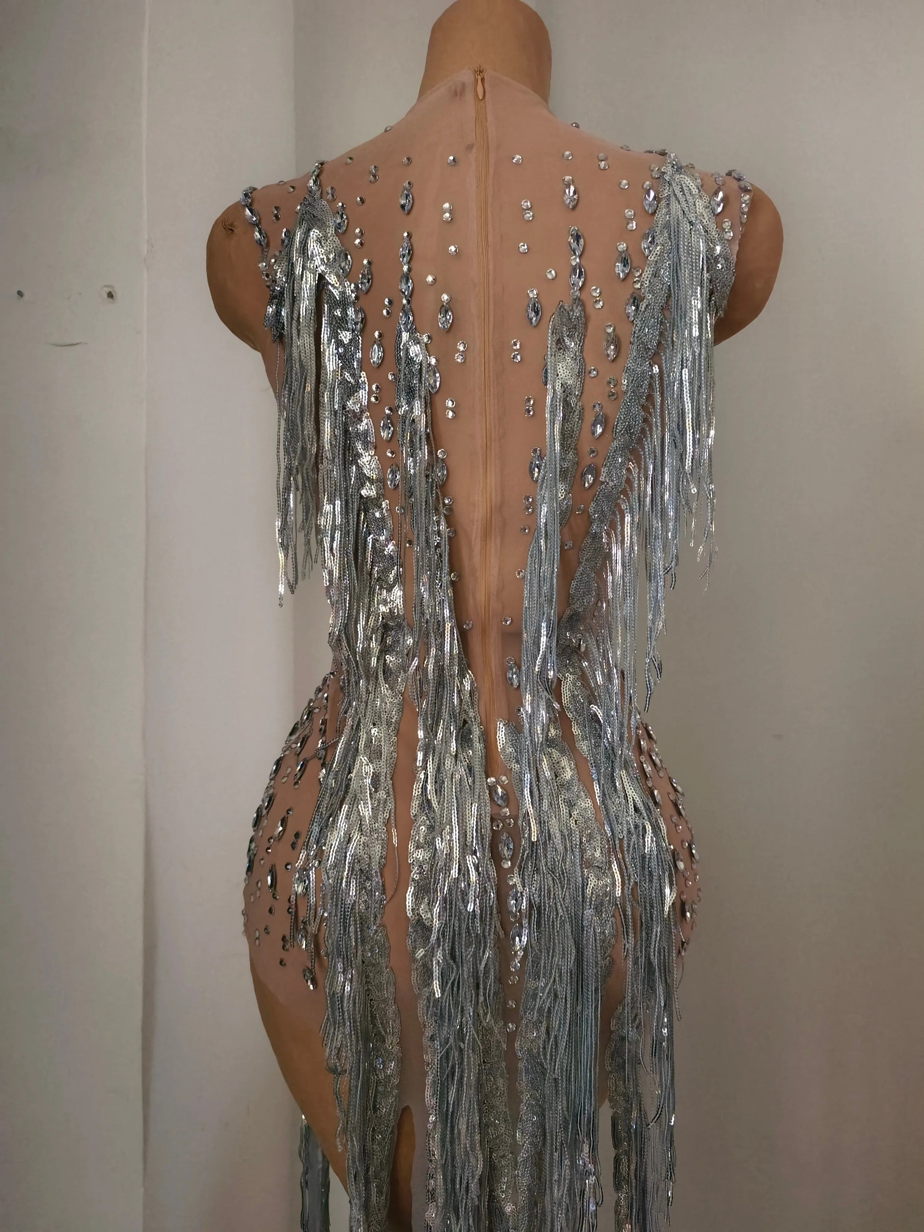 Sparkly Opulent Silver Long Tassel Sheer Mesh Crystal Rhinestone Dress Slim-fit Nightclub Party Clubwear Cocktail Outfit