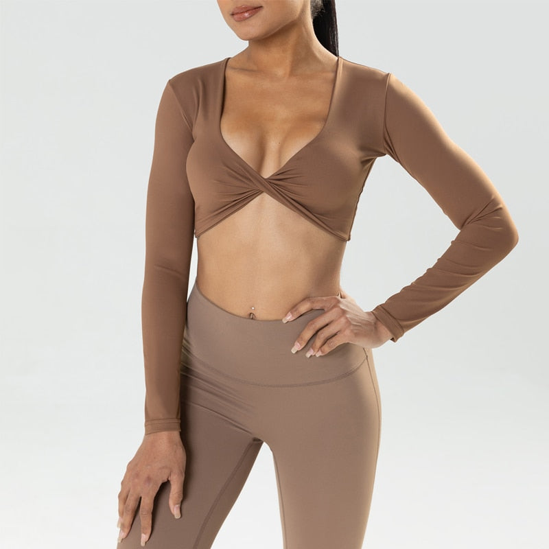 VITALINOVO Long Sleeve Gym Crop Tops for Women Twist Deep V Workout Crop T Shirt Top Quick Dry Padded Sports Fitness Yoga Top Brown