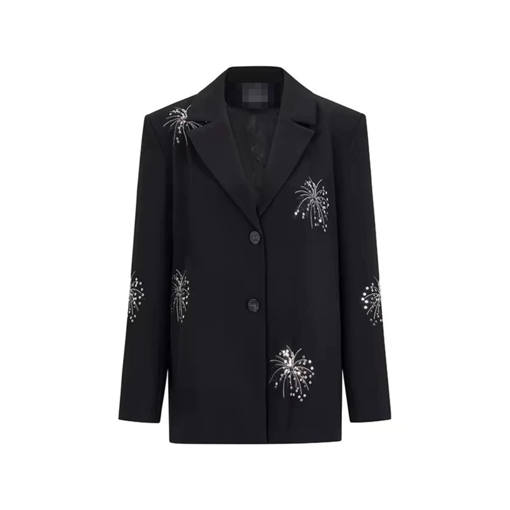 Solid Spliced Sequin Elegant jackets for Women Lapel Long Sleeves Patchwork Single Breasted Casual jacket Female BLACK