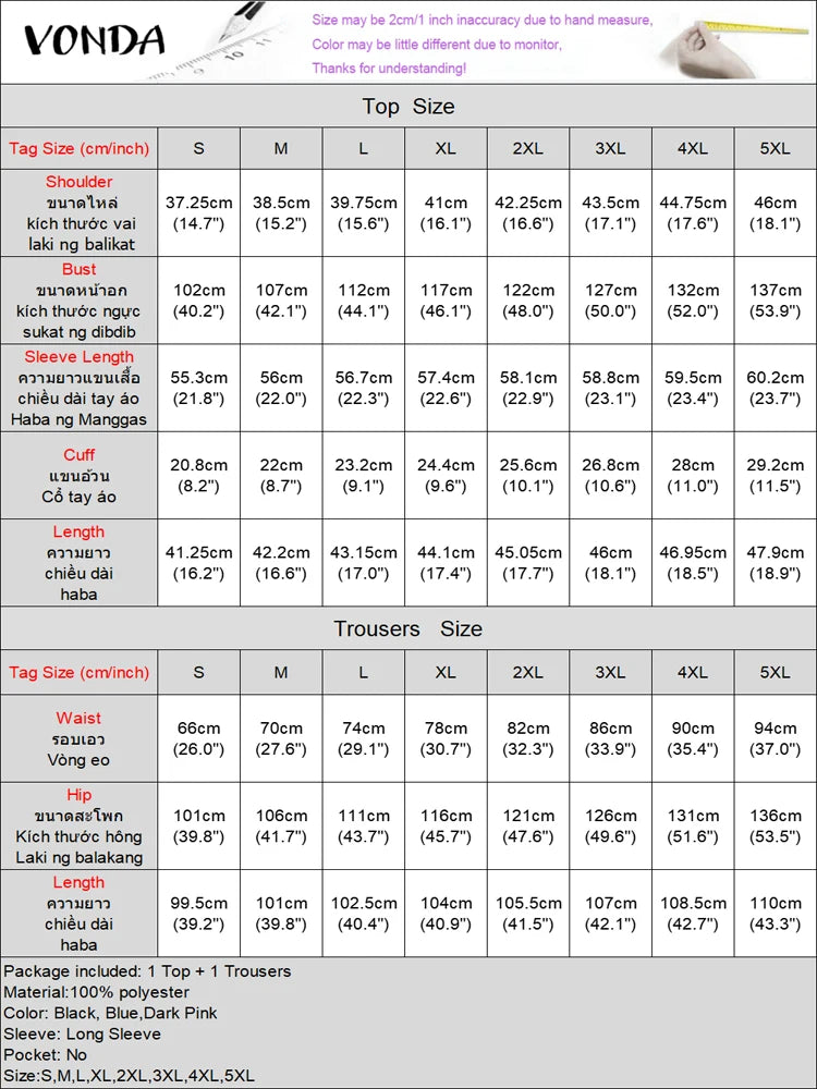 Plus Size VONDA Women Pant Sets Zebra-stripe Bohemian Printed 2PCS Long Sleeve Skew Collar Top and High Waist Pants Casual Sets