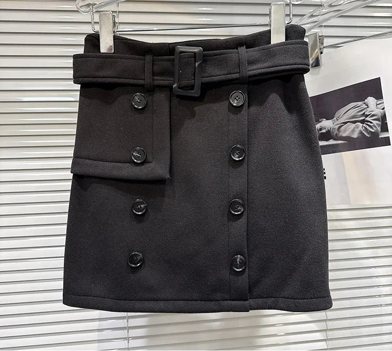 Winter New Fashion Style Double-Breasted Belted Woolen Short Skirt For Woomen Wrapped Hip A-line Skirts 11A07803