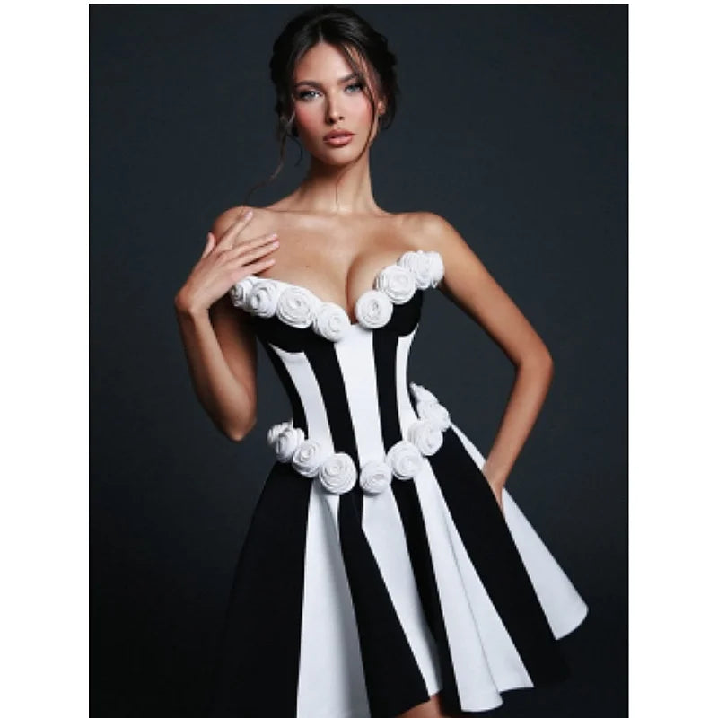 2025 Stereoscopic White Flowers White and Black Bandage Mini Dress Sweet Woman Birthday Party Vestido Celebrity Party outfit!