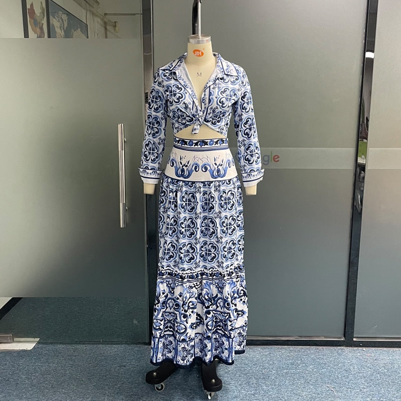 Ensemble 2 pièces pour femmes, jupe d'automne, ensemble Sexy à revers, imprimé en porcelaine, pour s'habiller, taille nue, manches longues, tenue de soirée