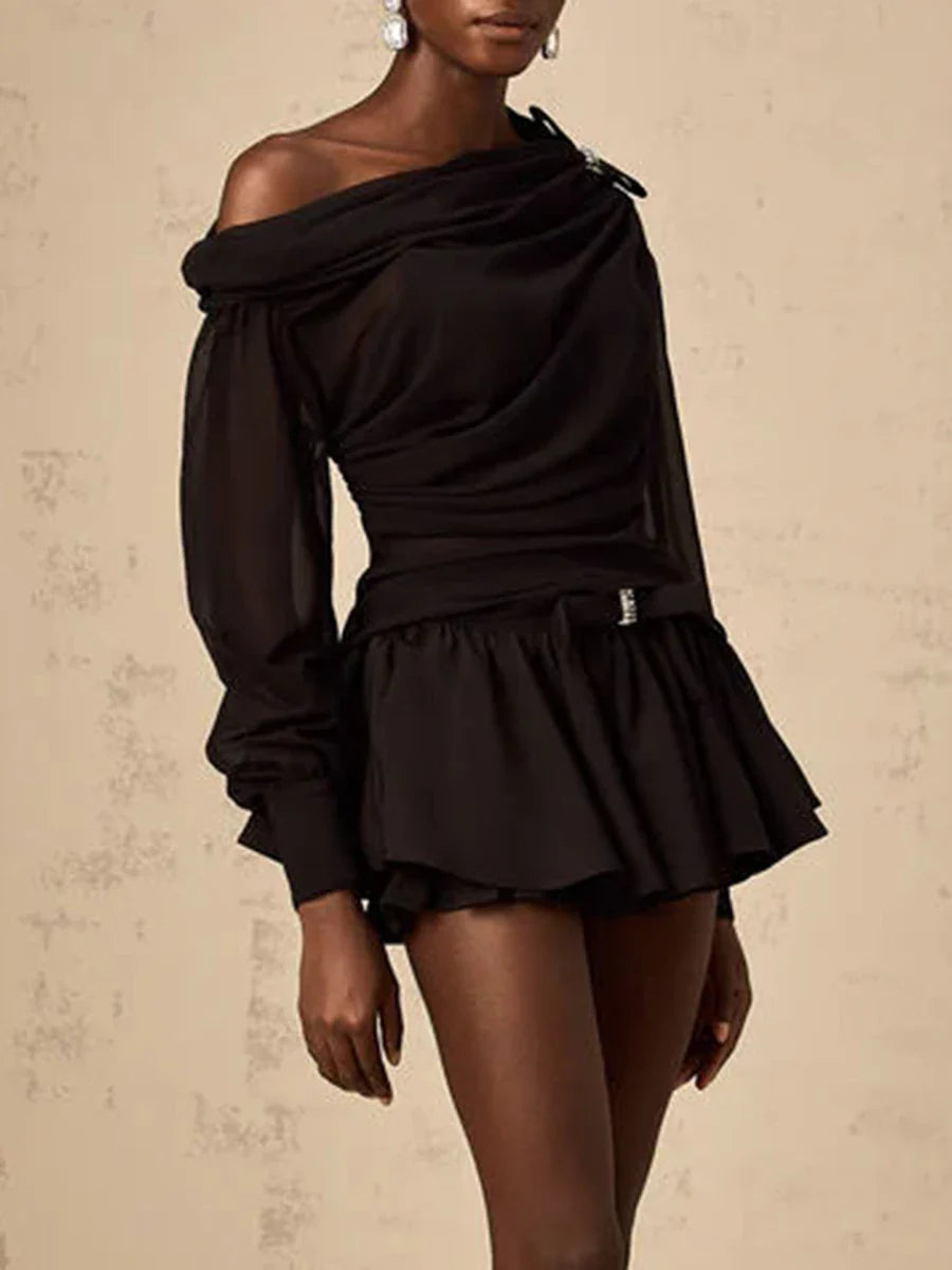 Solid Loose Two Piece Sets for Women Diagonal Neck Long Sleeves Spliced Bow Top Patchwork Ruffles Skirt Female New