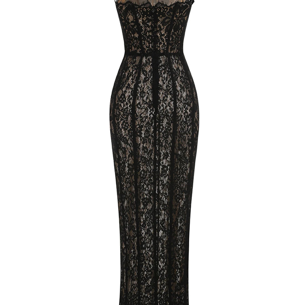 Elegant Lace Spaghetti Strap Long Dress Women Slim Sleeveless Sling Evening Party Gowns 2025 Summer New Female Fashion Robe