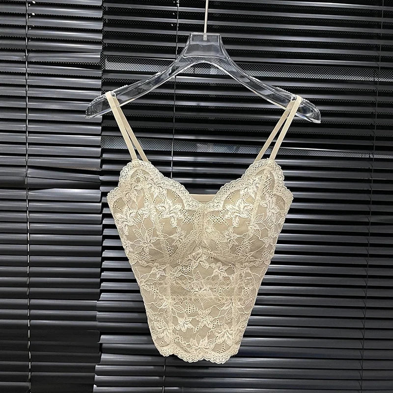 Autumn Winter New Fashion Lace Padded Integrated Camisole For Women Slim Fit Backless Inner Layer Base Vest 11A07887 Apricot