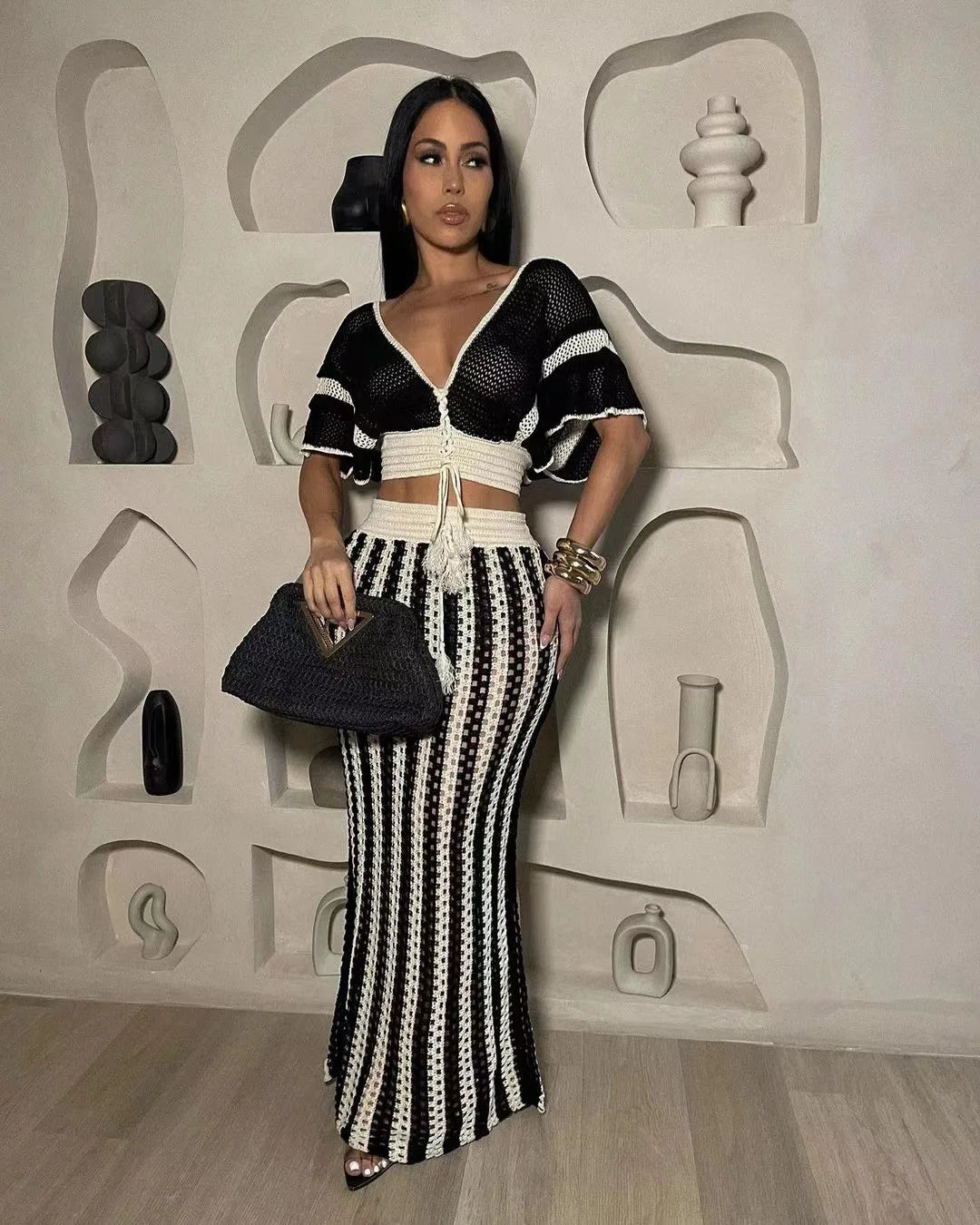 Women's Set Short Sleeve V-neck Top + Long Skirts Suit Summer Knitted Hollow Out Streetwear Beach Sexy Two 2 Piece Sets black
